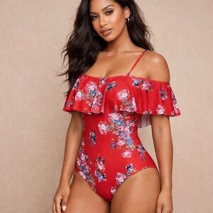 ModCloth “The Lucy” Floral Off Shoulder One Piece Swimsuit | Size M